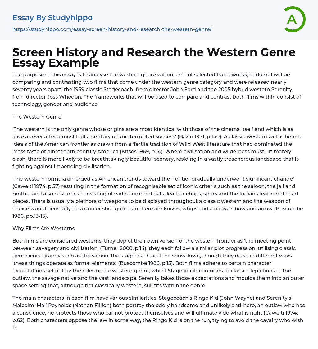 Screen History and Research the Western Genre Essay Example