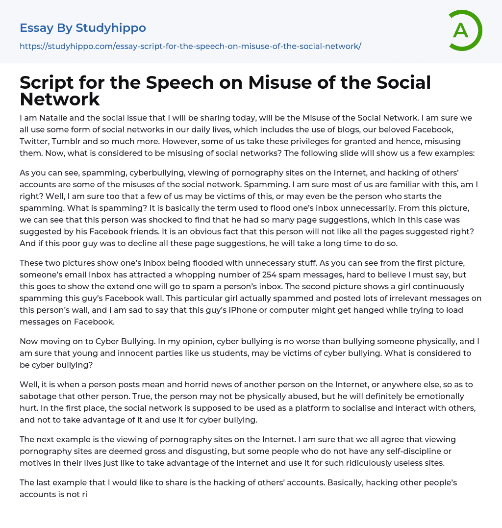 Script for the Speech on Misuse of the Social Network Essay Example