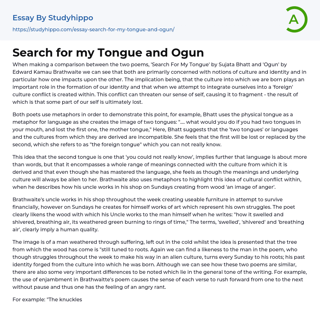 Search for my Tongue and Ogun Essay Example