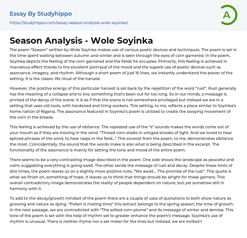 Season Analysis – Wole Soyinka Essay Example