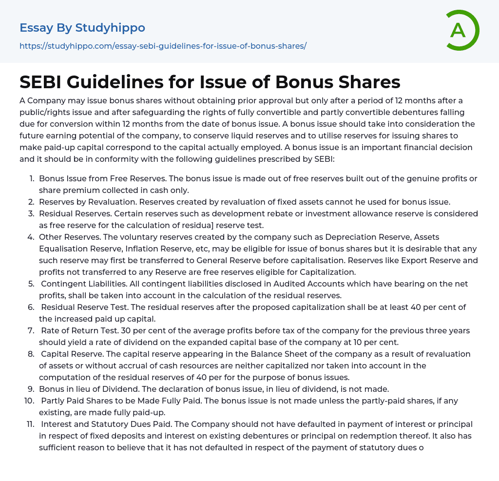 SEBI Guidelines for Issue of Bonus Shares Essay Example