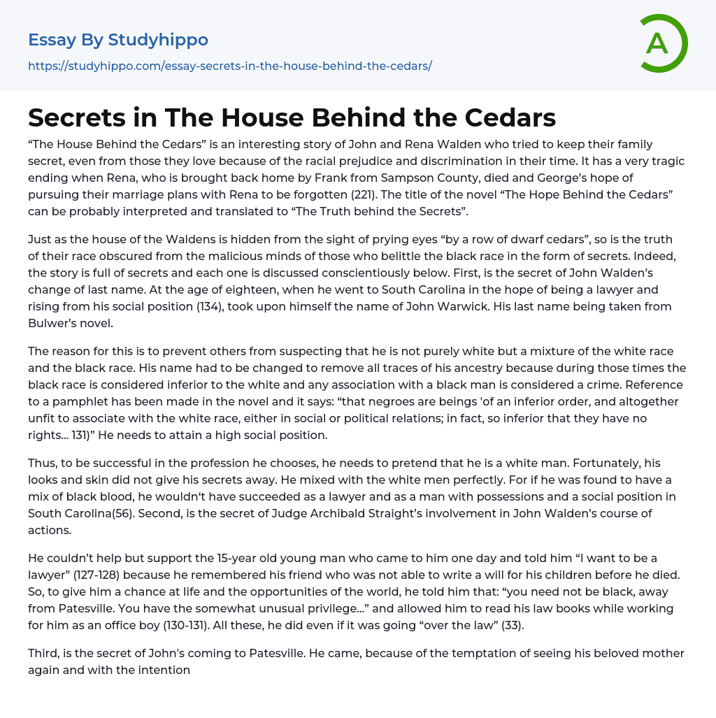 Secrets in The House Behind the Cedars Essay Example