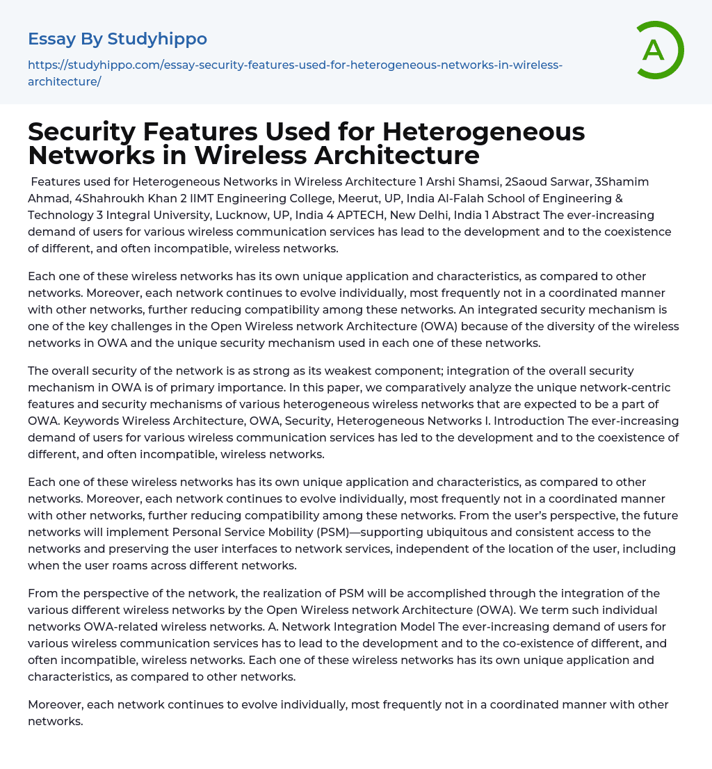Security Features Used for Heterogeneous Networks in Wireless Architecture Essay Example