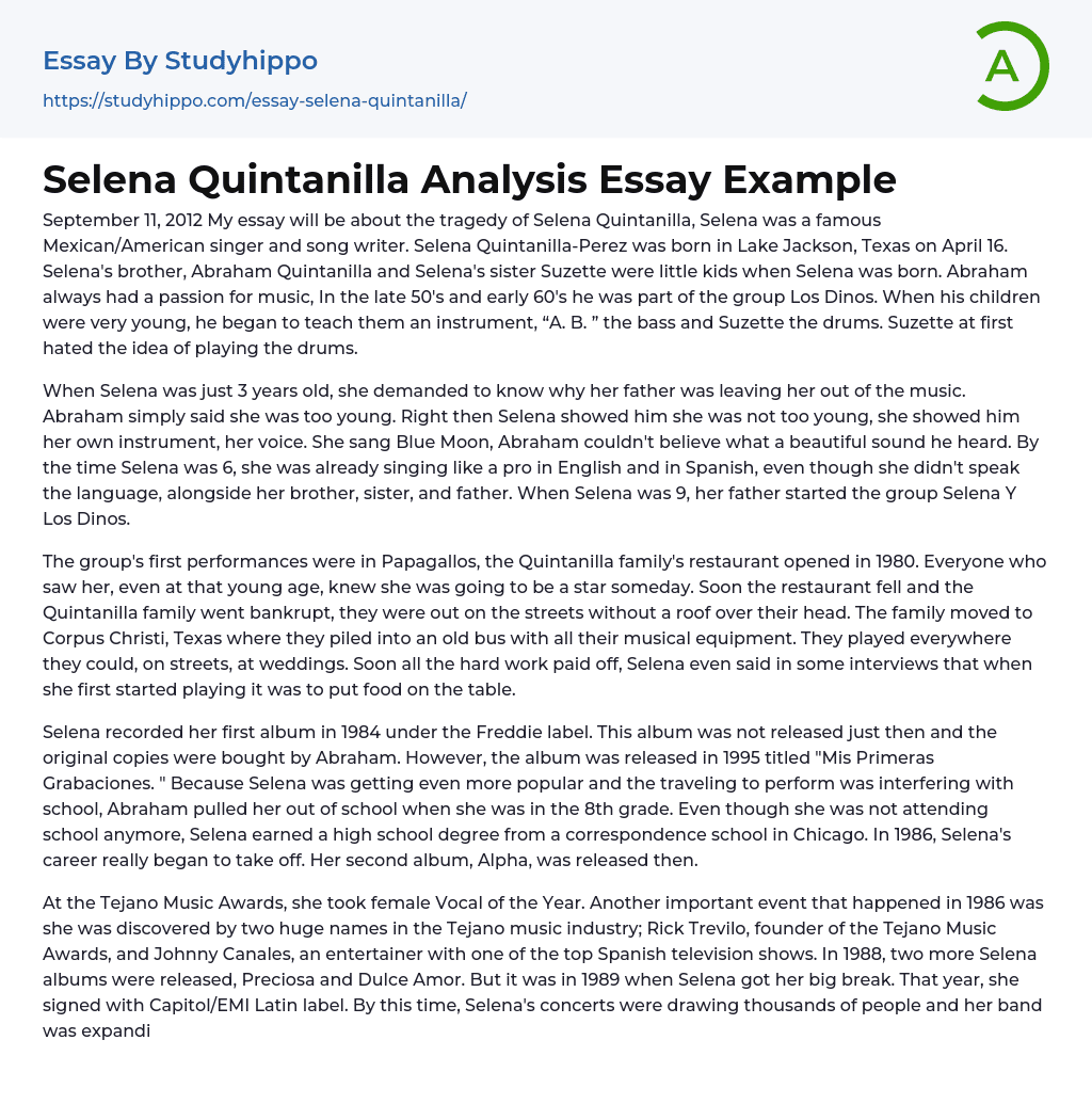 Selena Quintanilla Analysis Essay Example