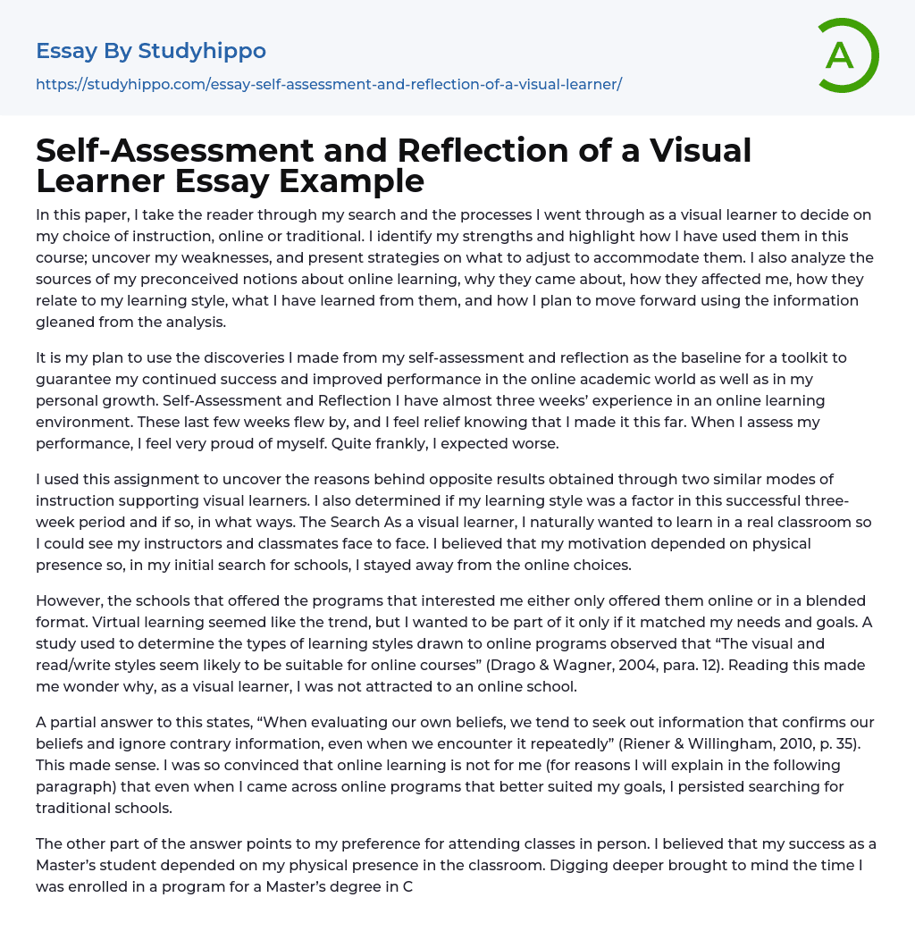 Self-Assessment and Reflection of a Visual Learner Essay Example