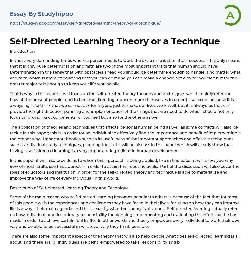 Self-Directed Learning Theory or a Technique Essay Example