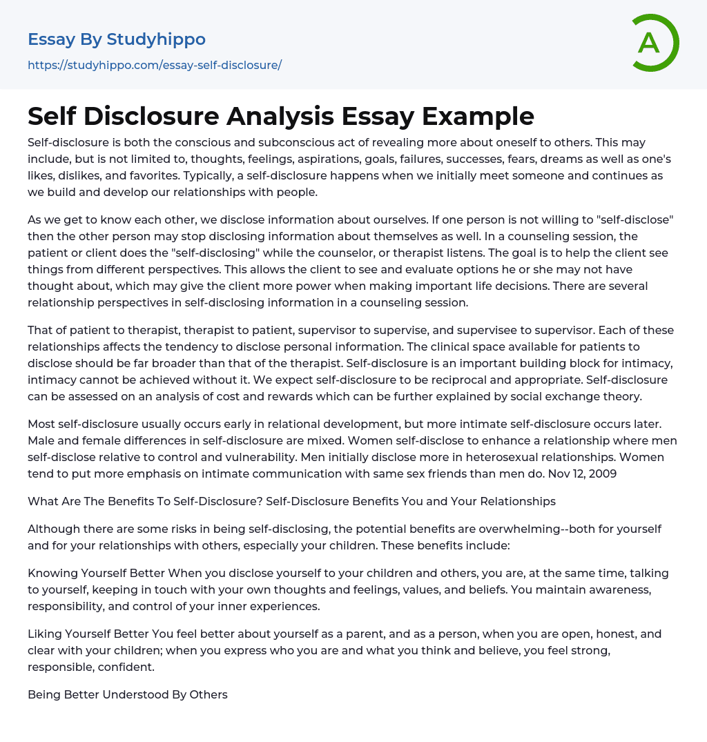 Self Disclosure Analysis Essay Example StudyHippo