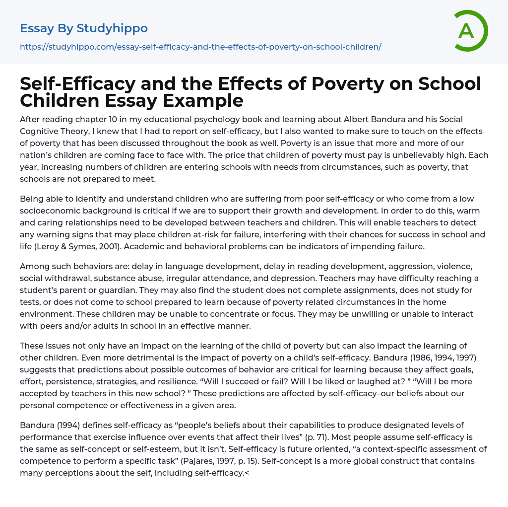 Self-Efficacy and the Effects of Poverty on School Children Essay Example