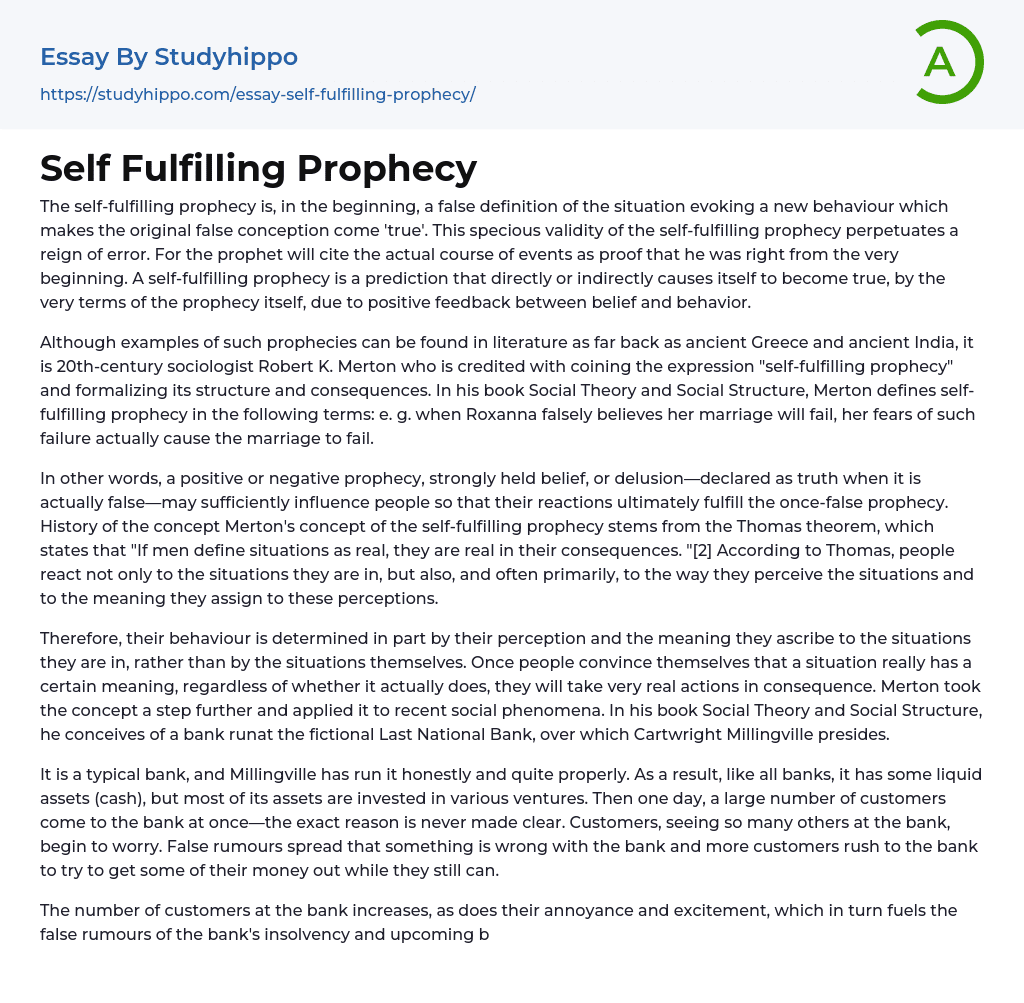 Self Fulfilling Prophecy Essay Example StudyHippo