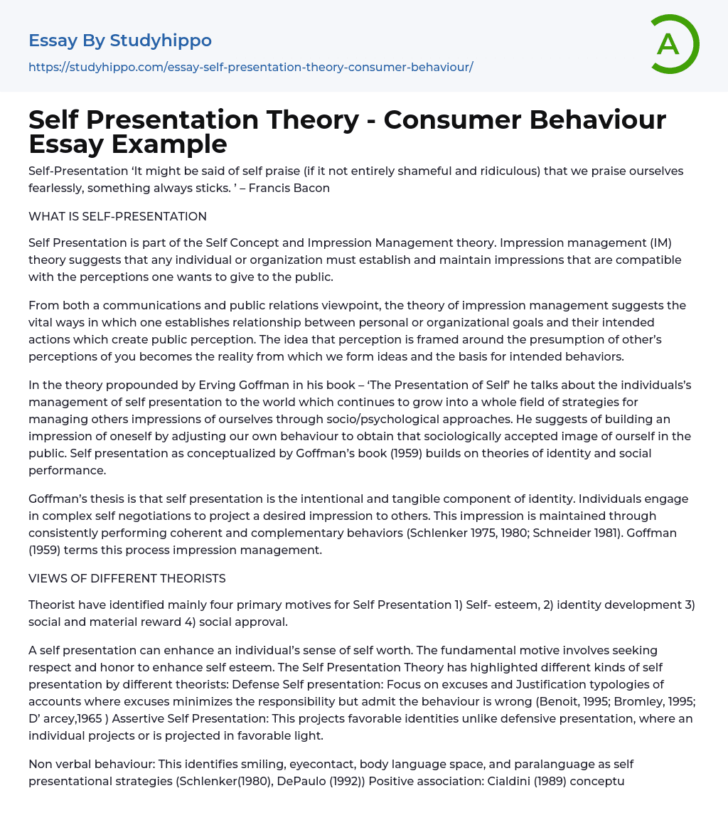 Self Presentation Theory – Consumer Behaviour Essay Example