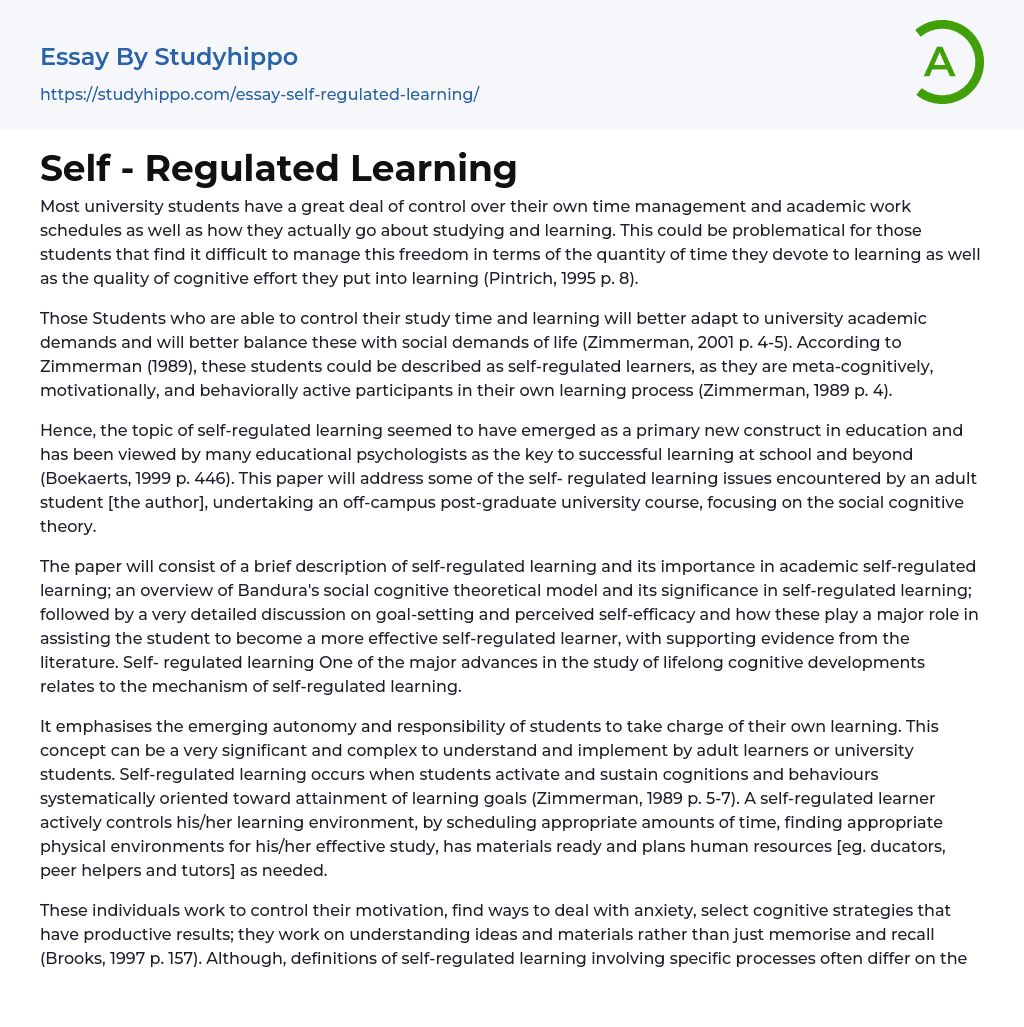 Self – Regulated Learning Essay Example