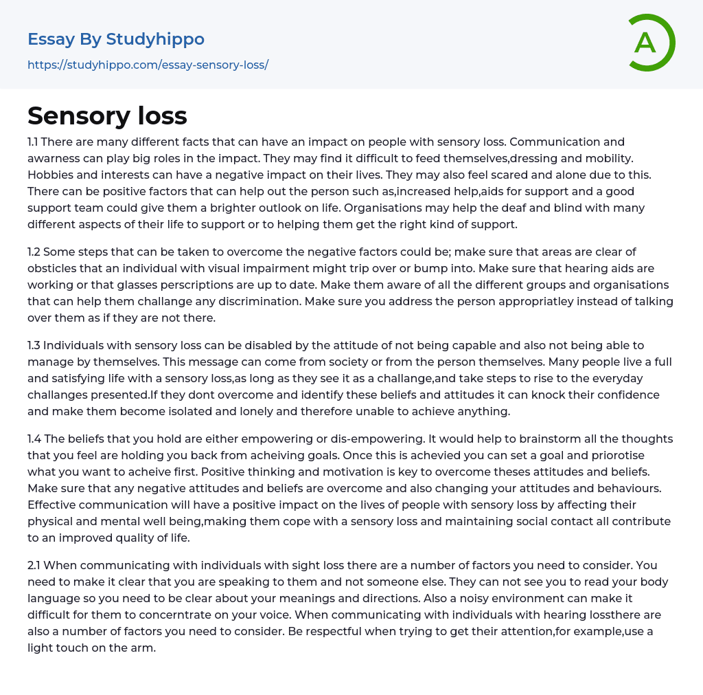 Sensory loss Essay Example