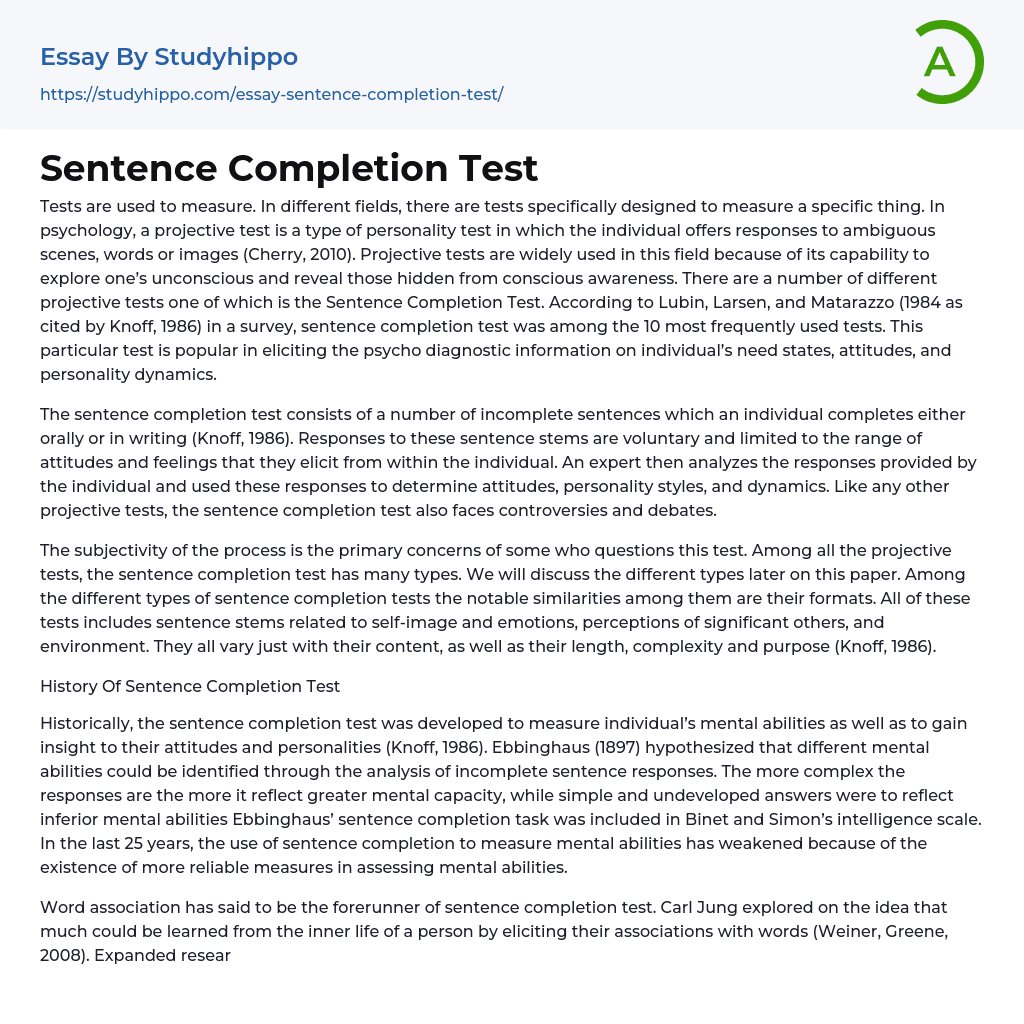 Sentence Completion Test Essay Example