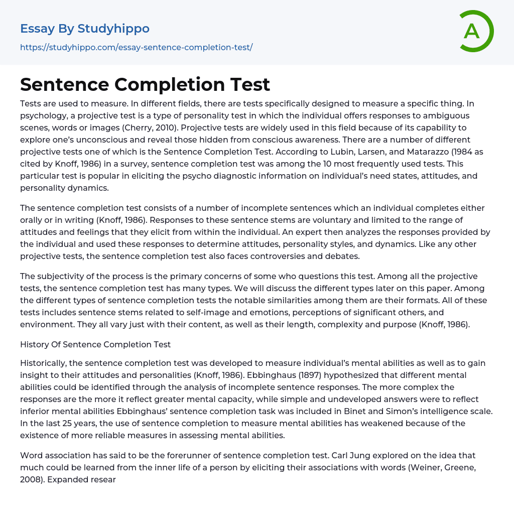 Sentence Completion Test Essay Example StudyHippo