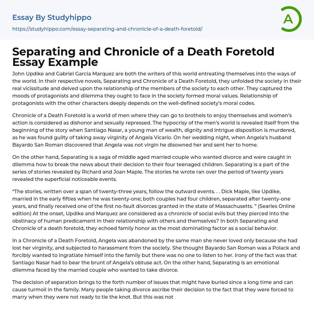 Separating and Chronicle of a Death Foretold Essay Example