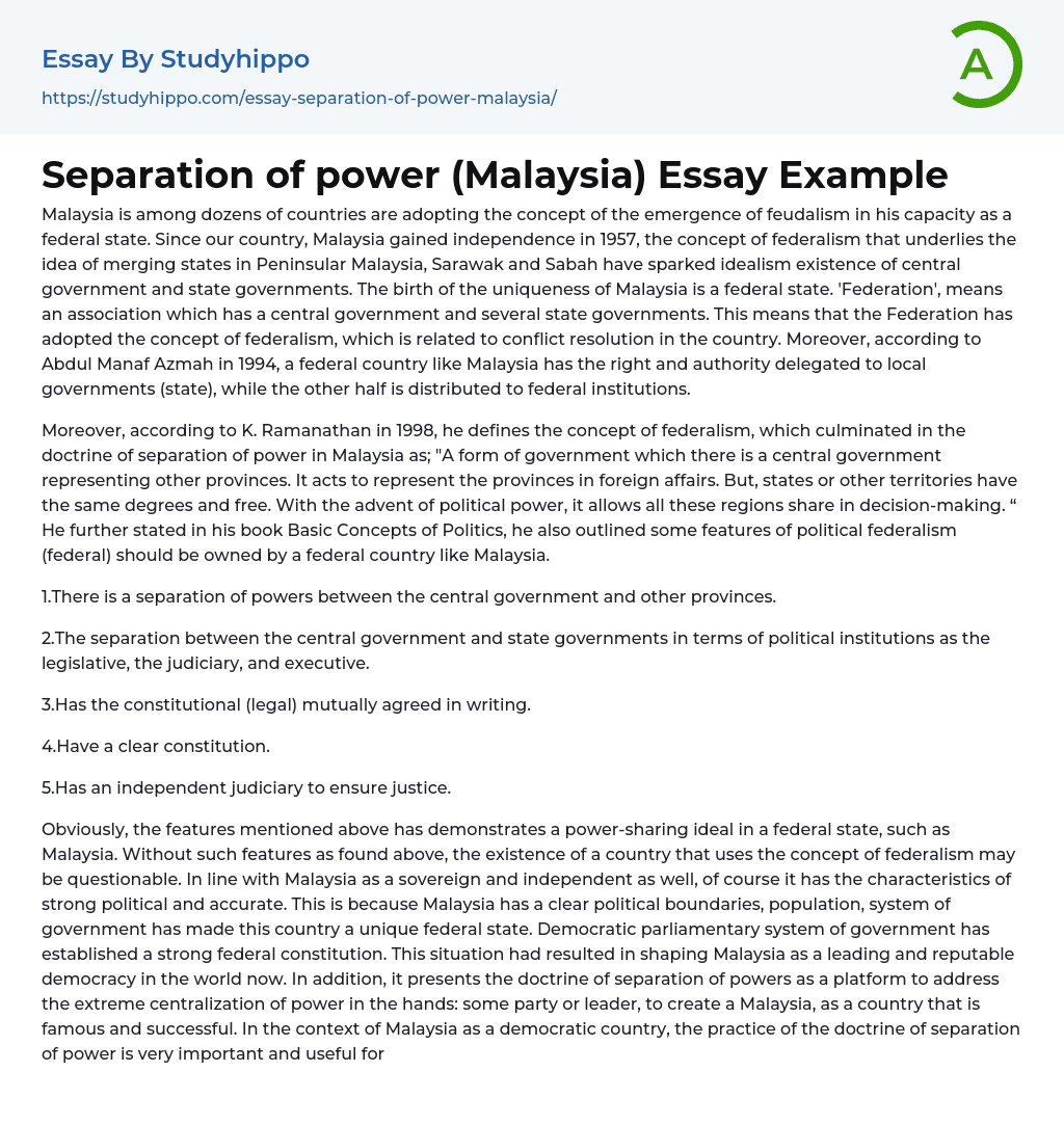 Separation of power (Malaysia) Essay Example