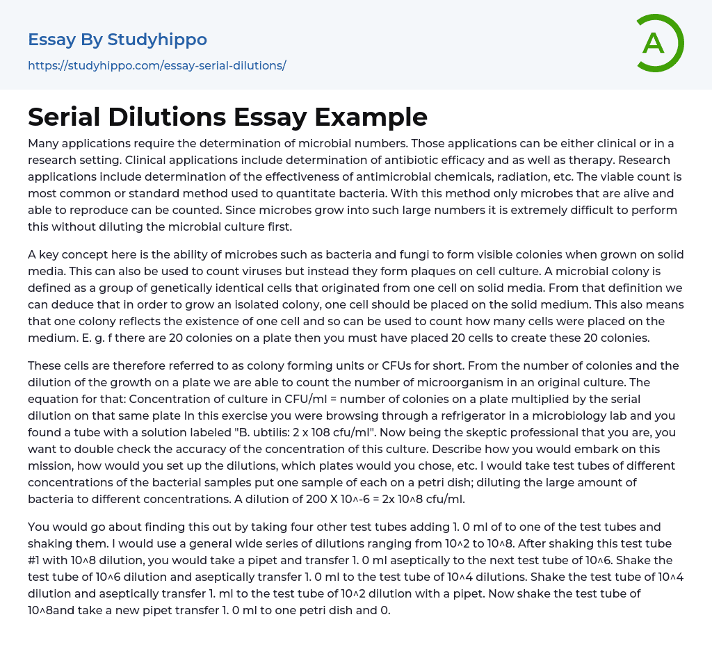 Serial Dilutions Essay Example