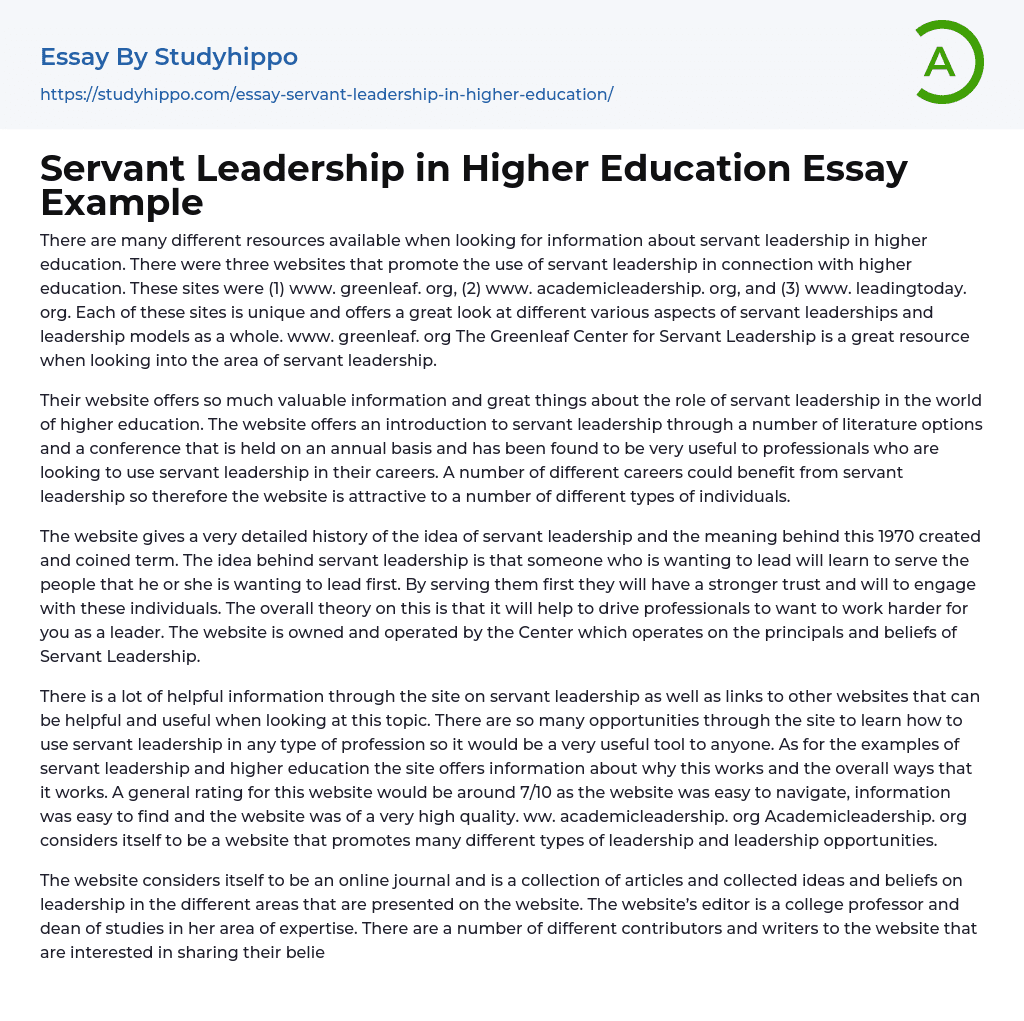 Servant Leadership in Higher Education Essay Example