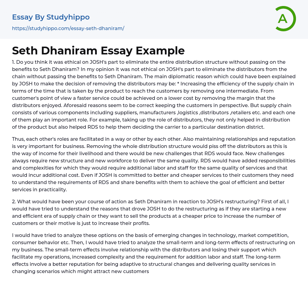 Seth Dhaniram Essay Example