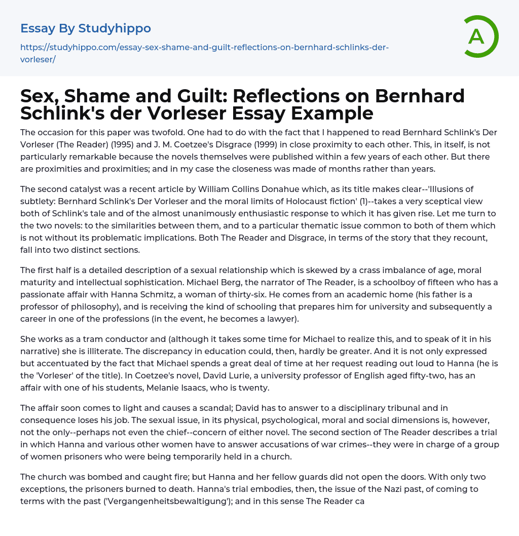 Sex, Shame and Guilt: Reflections on Bernhard Schlink’s der Vorleser Essay Example