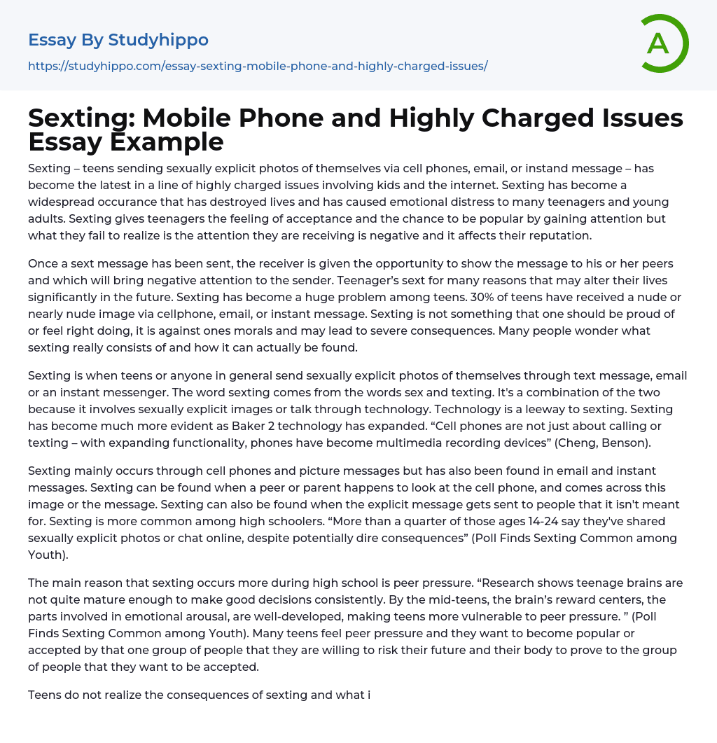 Sexting: Mobile Phone and Highly Charged Issues Essay Example