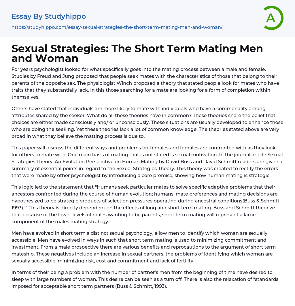Sexual Strategies: The Short Term Mating Men and Woman Essay Example
