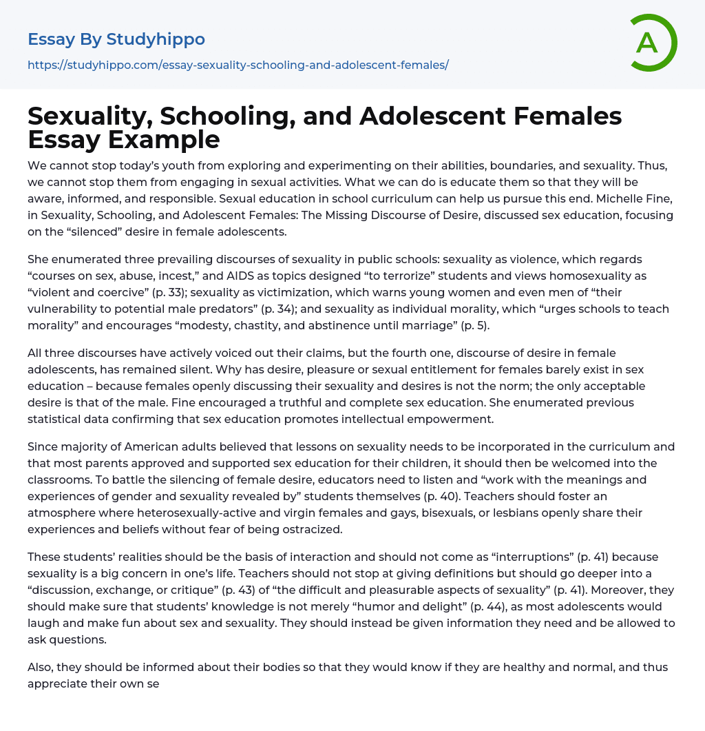 Sexuality, Schooling, and Adolescent Females Essay Example