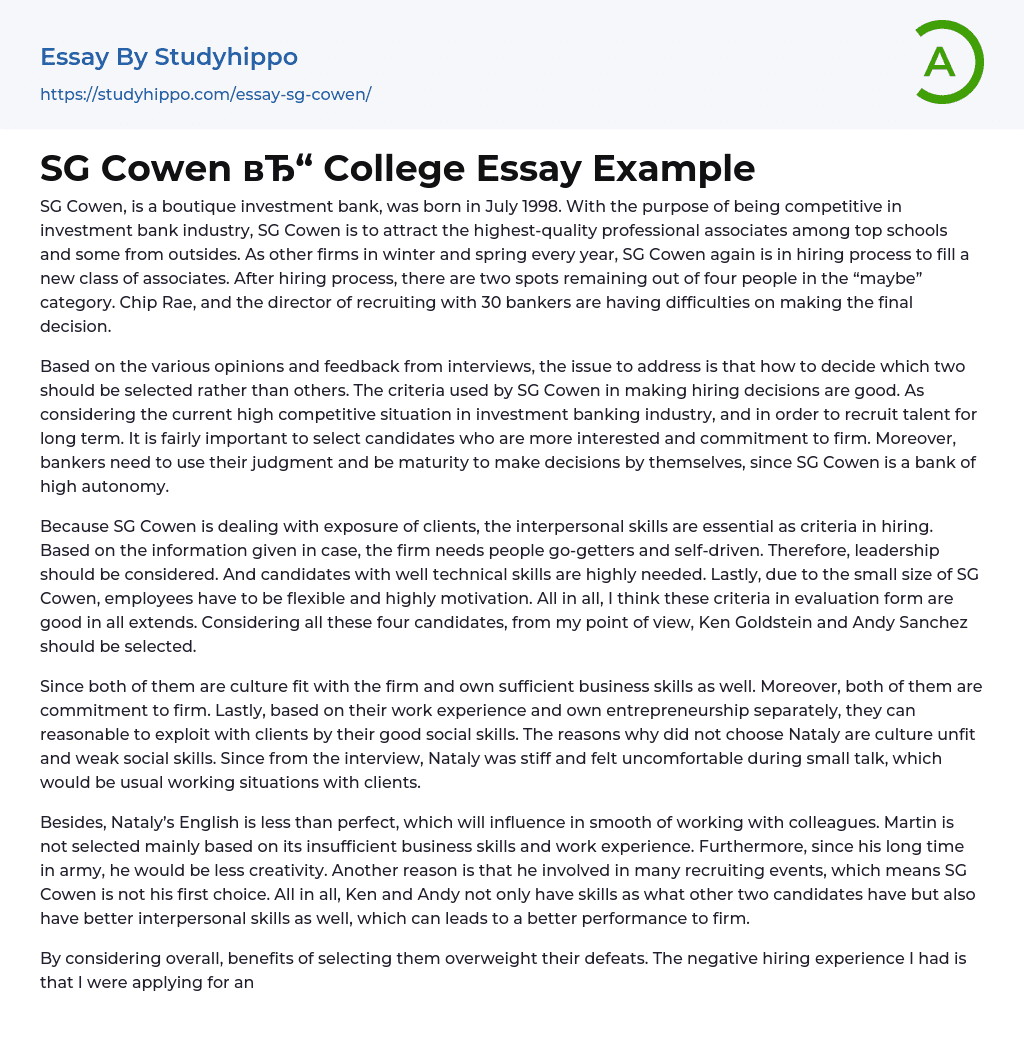 SG Cowen College Essay Example