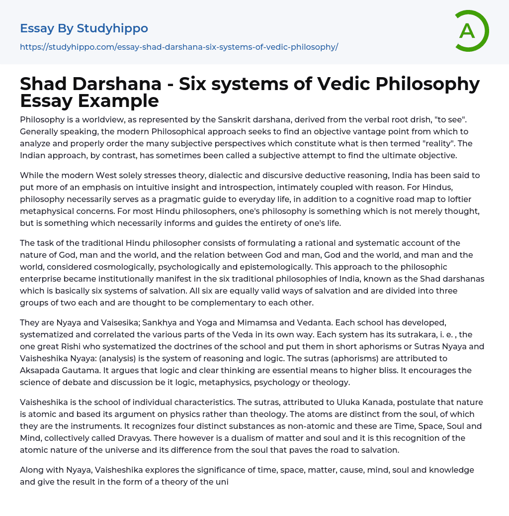 Shad Darshana – Six systems of Vedic Philosophy Essay Example