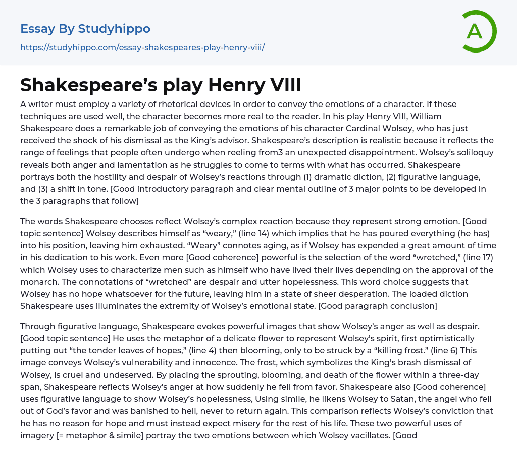 Shakespeare’s play Henry VIII Essay Example