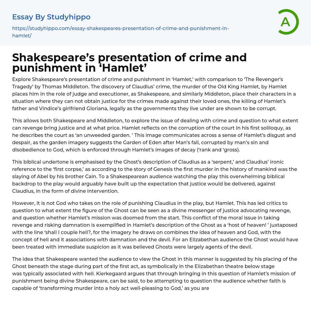 Shakespeare’s presentation of crime and punishment in ‘Hamlet’ Essay Example