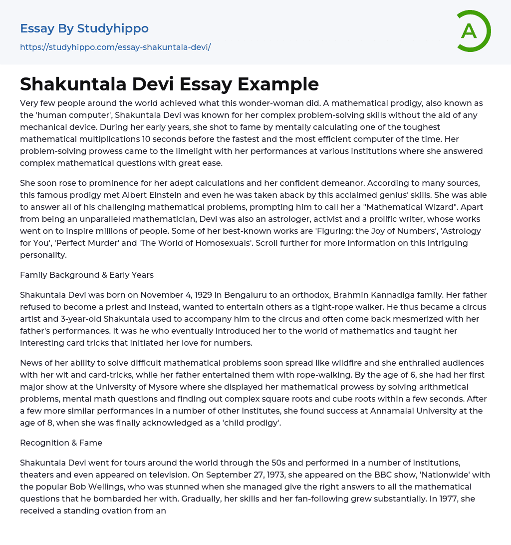 Shakuntala Devi Essay Example