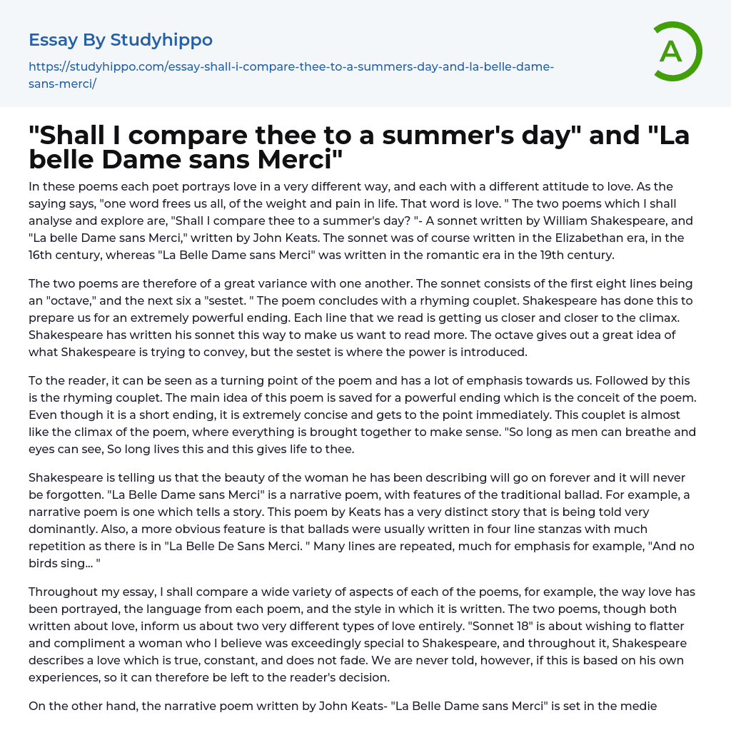 “Shall I compare thee to a summer’s day” and “La belle Dame sans Merci” Essay Example
