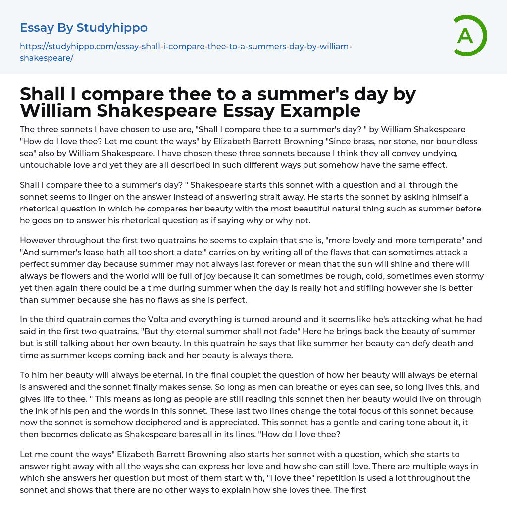Shall I compare thee to a summer’s day by William Shakespeare Essay Example