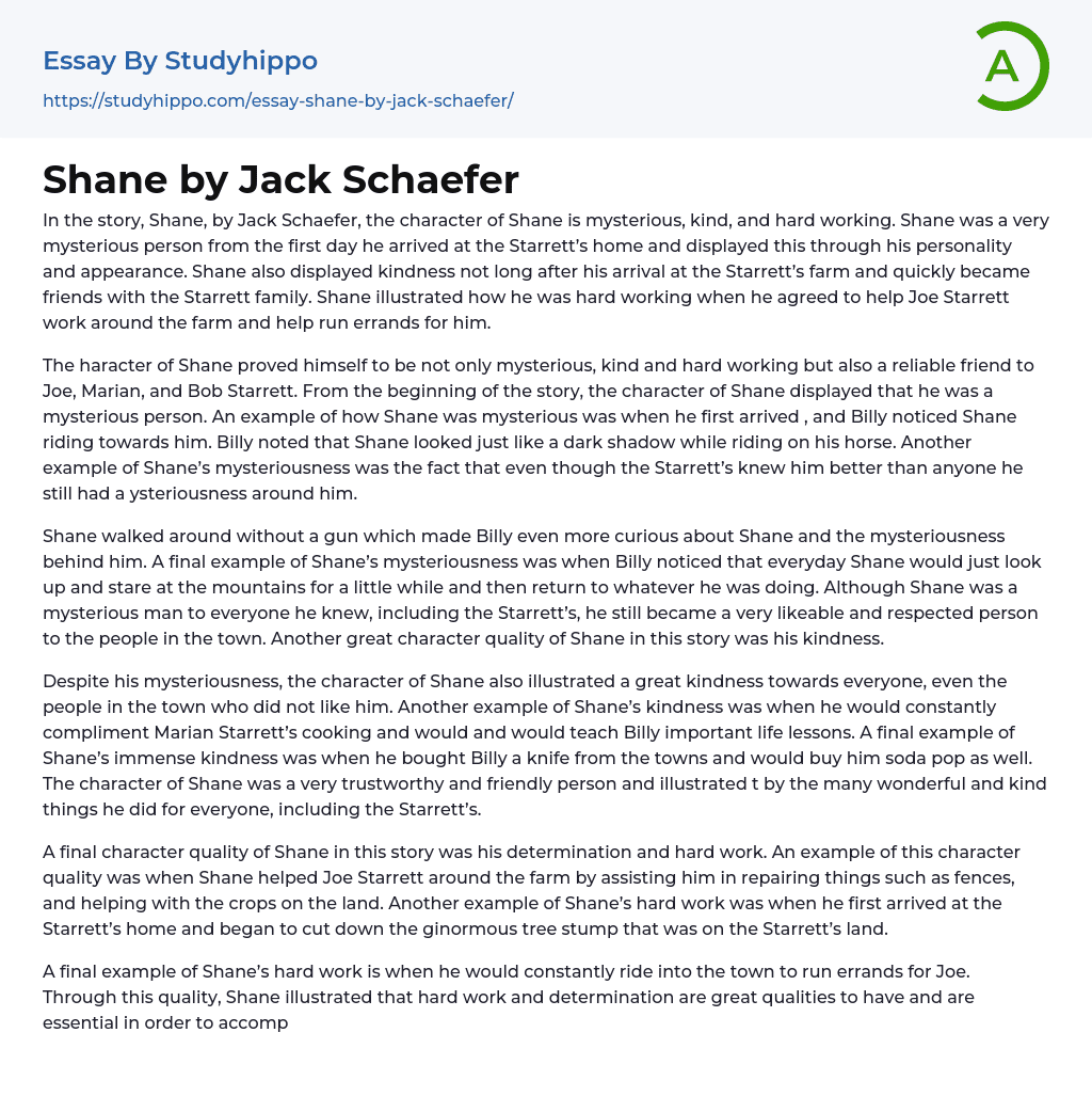 Shane by Jack Schaefer Essay Example