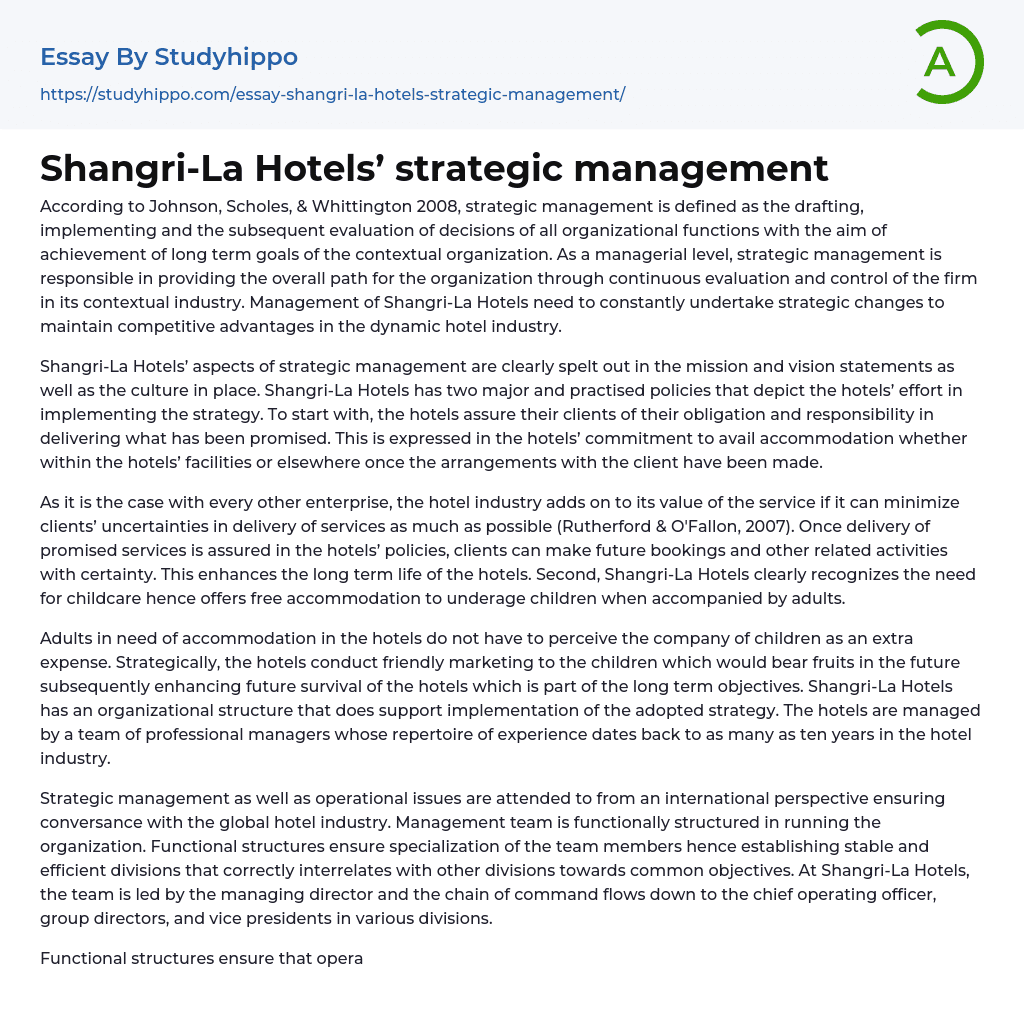 Shangri-La Hotels’ strategic management Essay Example