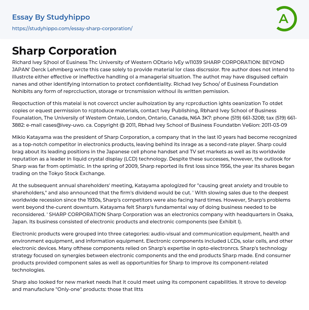 Sharp Corporation: Beyond Japan Essay Example