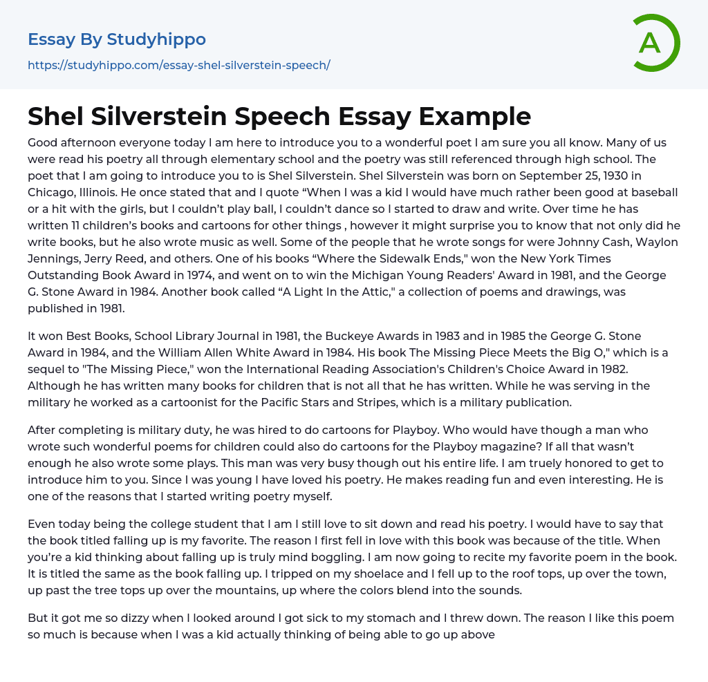Shel Silverstein Speech Essay Example