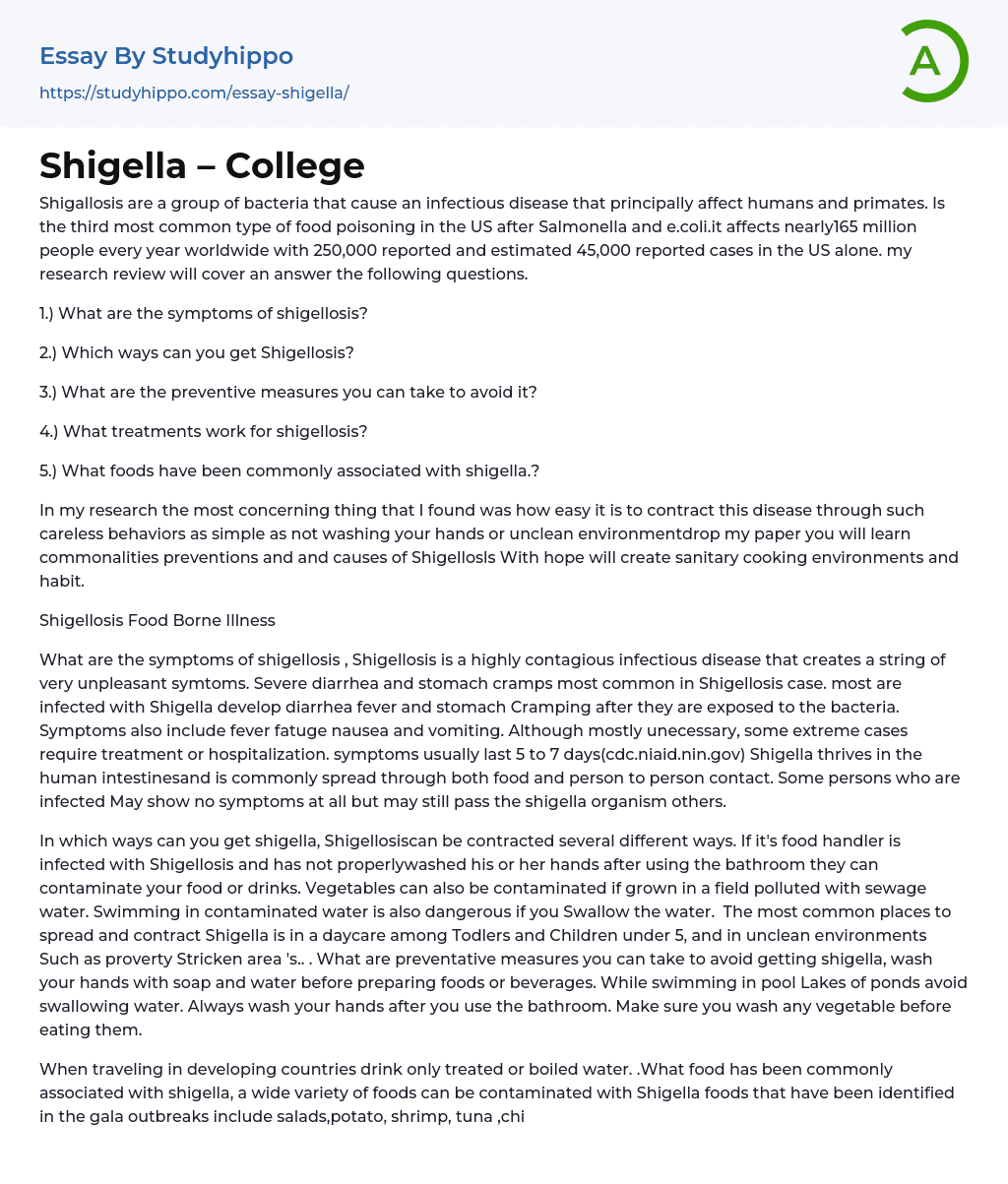 Shigella – College Essay Example