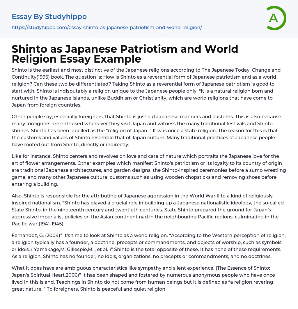 Shinto as Japanese Patriotism and World Religion Essay Example