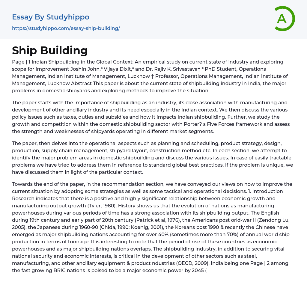 Indian Shipbuilding in the Global Context Essay Example