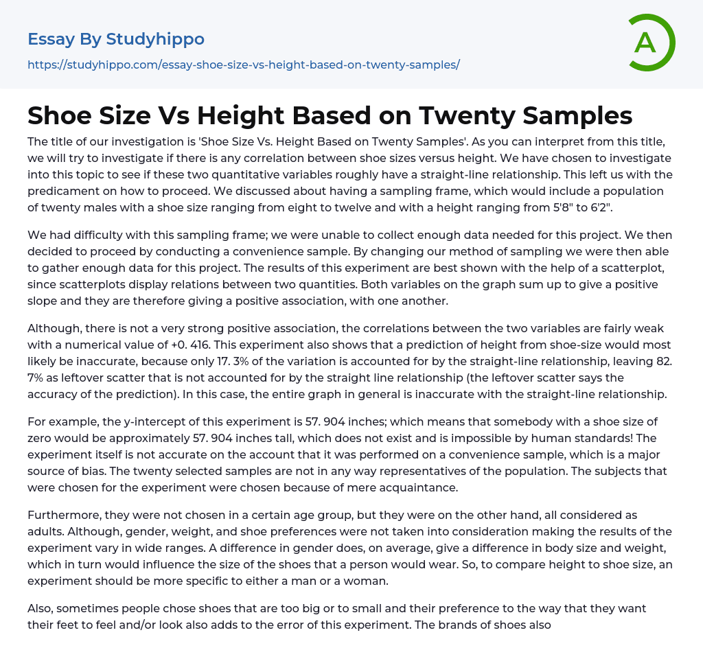 Shoe Size Vs Height Based on Twenty Samples Essay Example