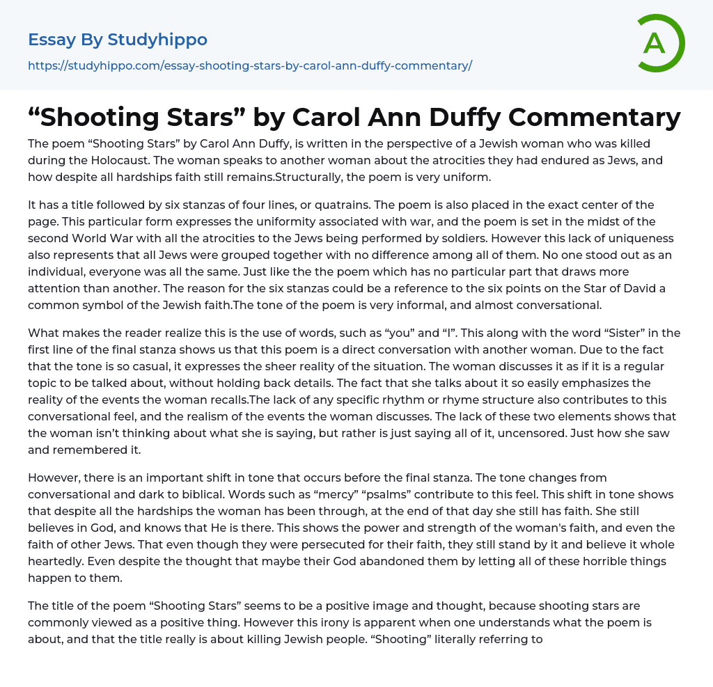 “Shooting Stars” by Carol Ann Duffy Commentary Essay Example