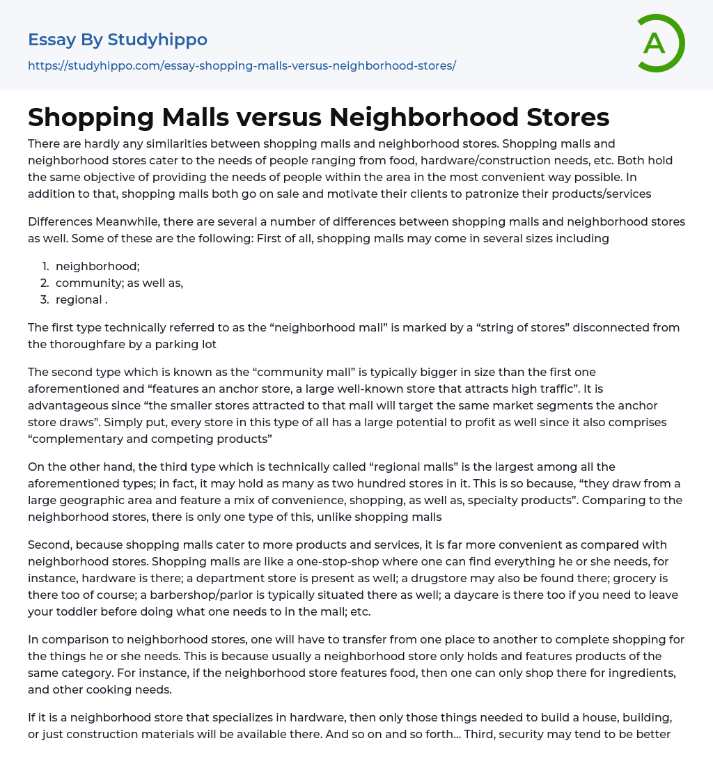 Shopping Malls versus Neighborhood Stores Essay Example