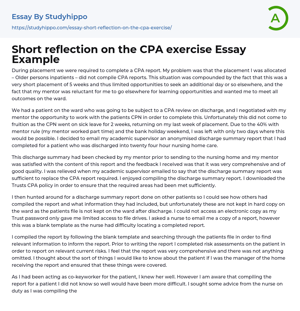 Short reflection on the CPA exercise Essay Example