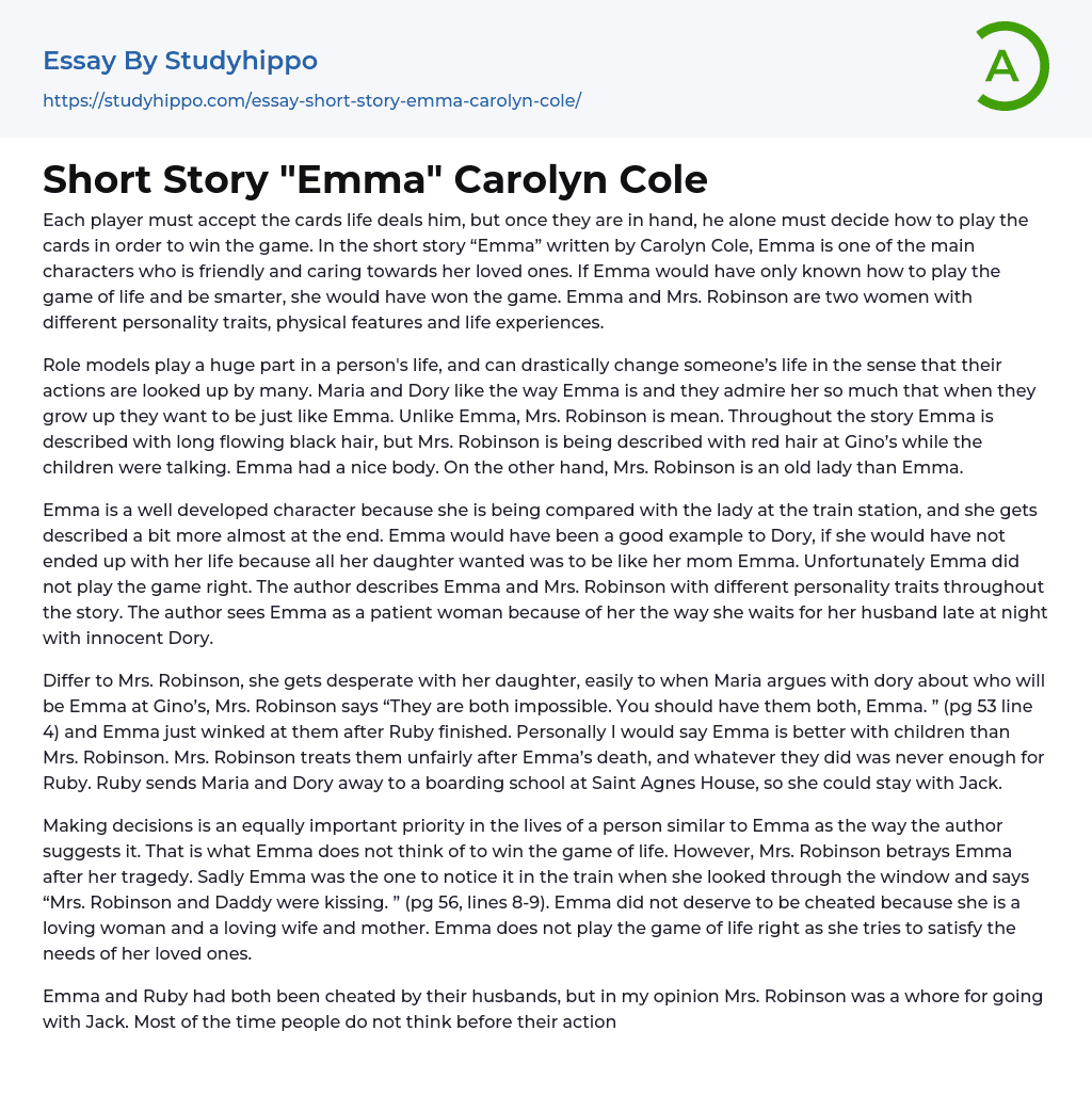 Short Story “Emma” Carolyn Cole Essay Example