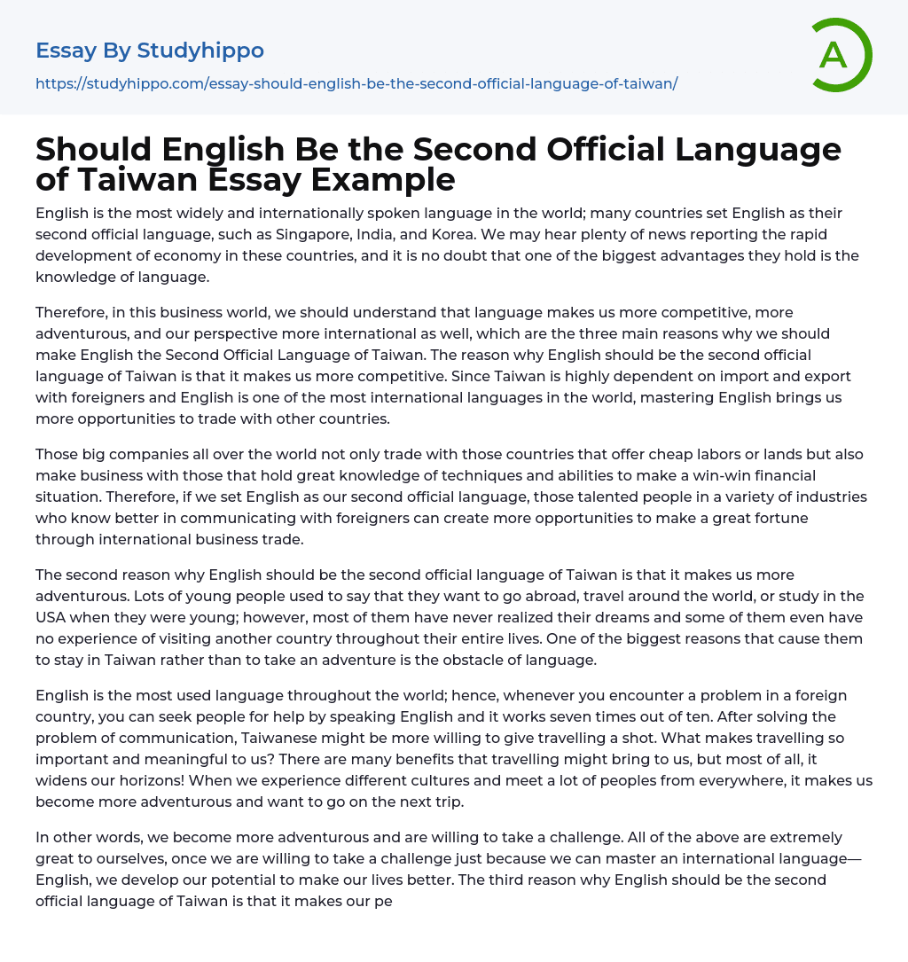 Should English Be the Second Official Language of Taiwan Essay Example