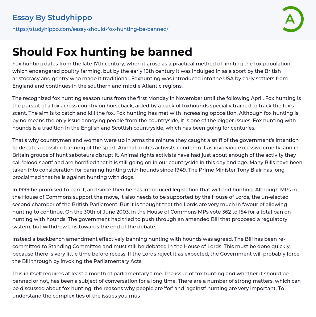 Should Fox hunting be banned Essay Example