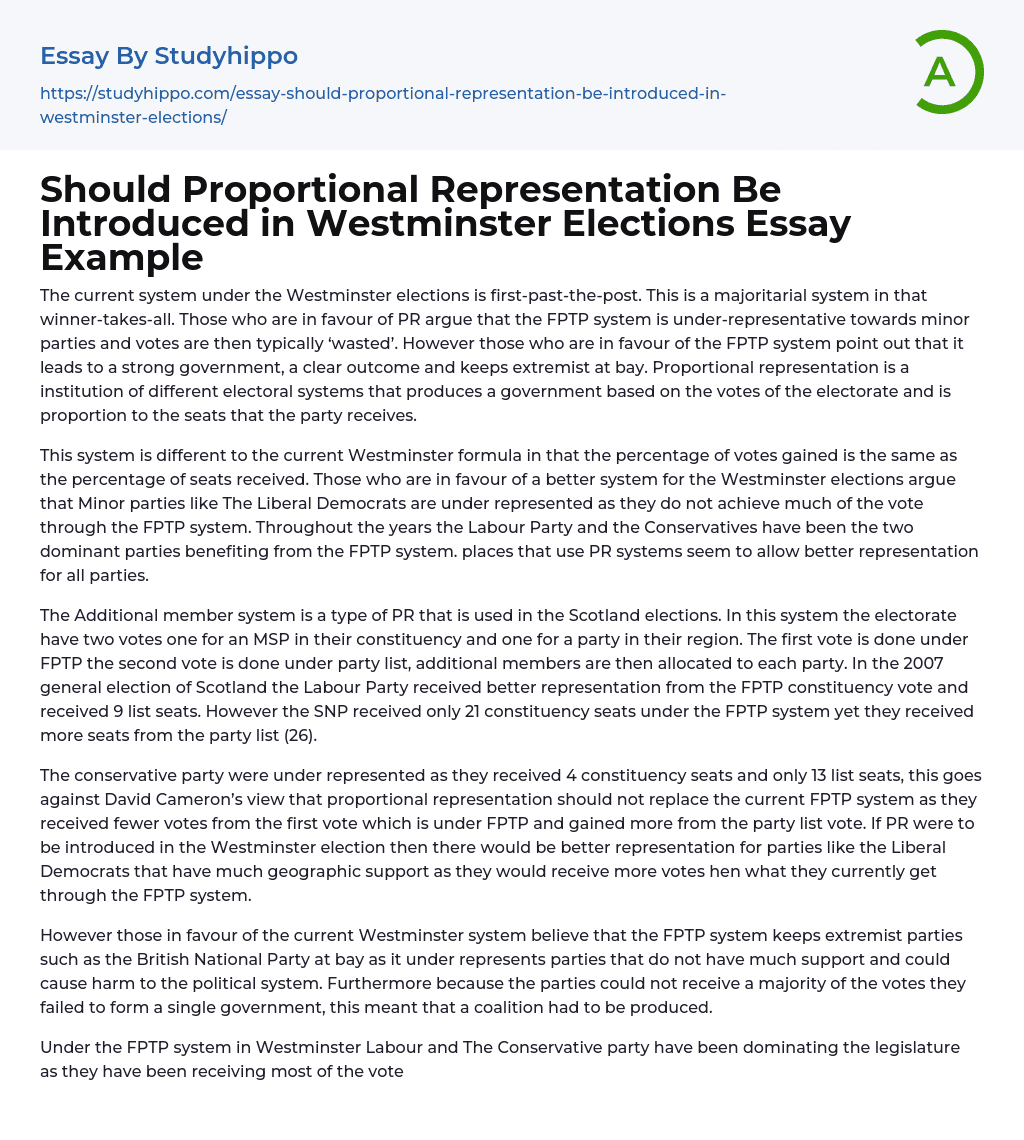 Should Proportional Representation Be Introduced in Westminster Elections Essay Example