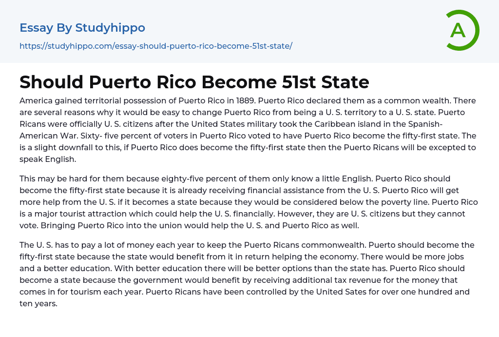 Should Puerto Rico Become 51st State Essay Example